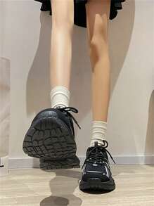 女士银色厚底运动鞋，2025年春季新款时尚、轻便、厚底、百搭、透气网眼休闲运动鞋 - 黑色 - 查看 7