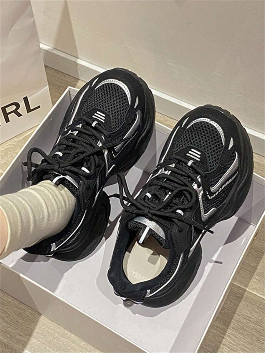 Women's Silver Chunky Sneakers, 2025 Spring New Fashionable