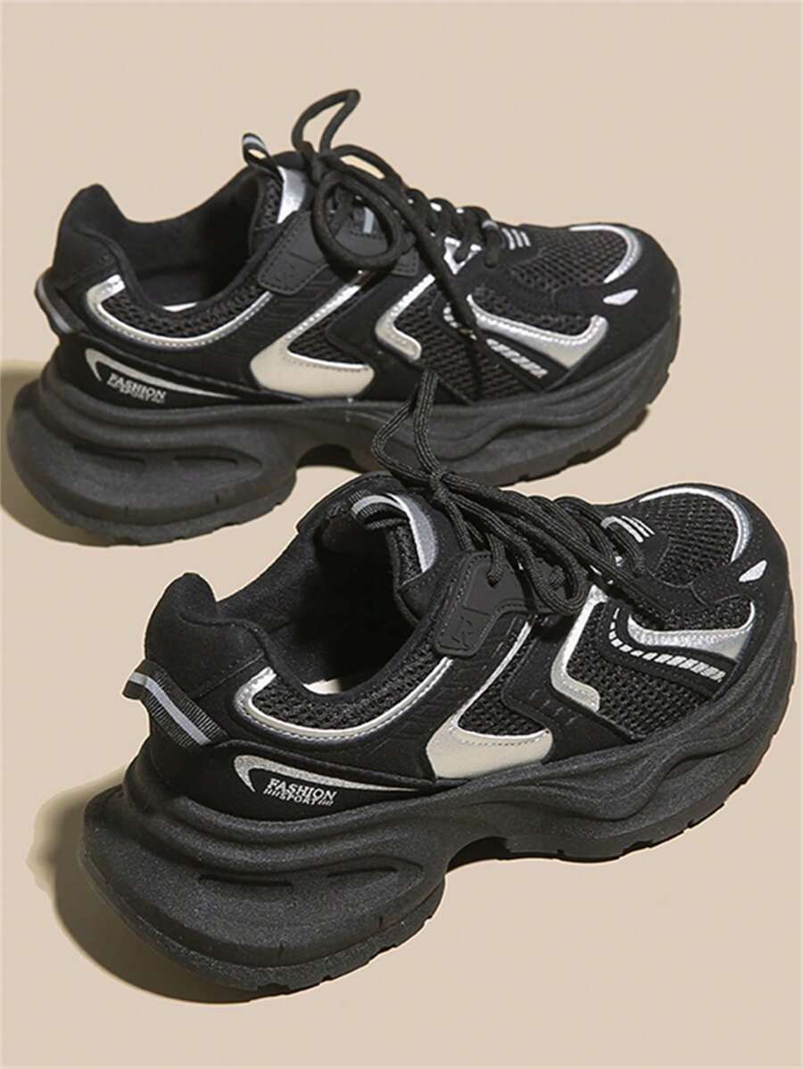 女士银色厚底运动鞋，2025年春季新款时尚、轻便、厚底、百搭、透气网眼休闲运动鞋 - 黑色 - 查看 1