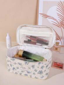 Foam Quilted Makeup Bag,Cute Women's Cosmetic Bag, Flower Aesthetic Print Pattern Cosmetic Pouch Set, Travel Toiletries Organizer Bag Makeup Bags Makeup Organizer Make Up Organizer Makeup Storage