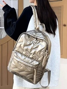 Classic College Style Student Backpack, Solid Color Rhombus Pattern Design, Large Capacity Multi-Pocket Backpack, Suitable For School Campus Use And Short-Distance Travel , Back To School - Gold - View 2