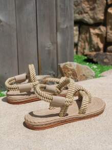 Women's Flat Rope Sandals, Twisted Braid Design, Comfortable Slip-On, Open Toe, Summer