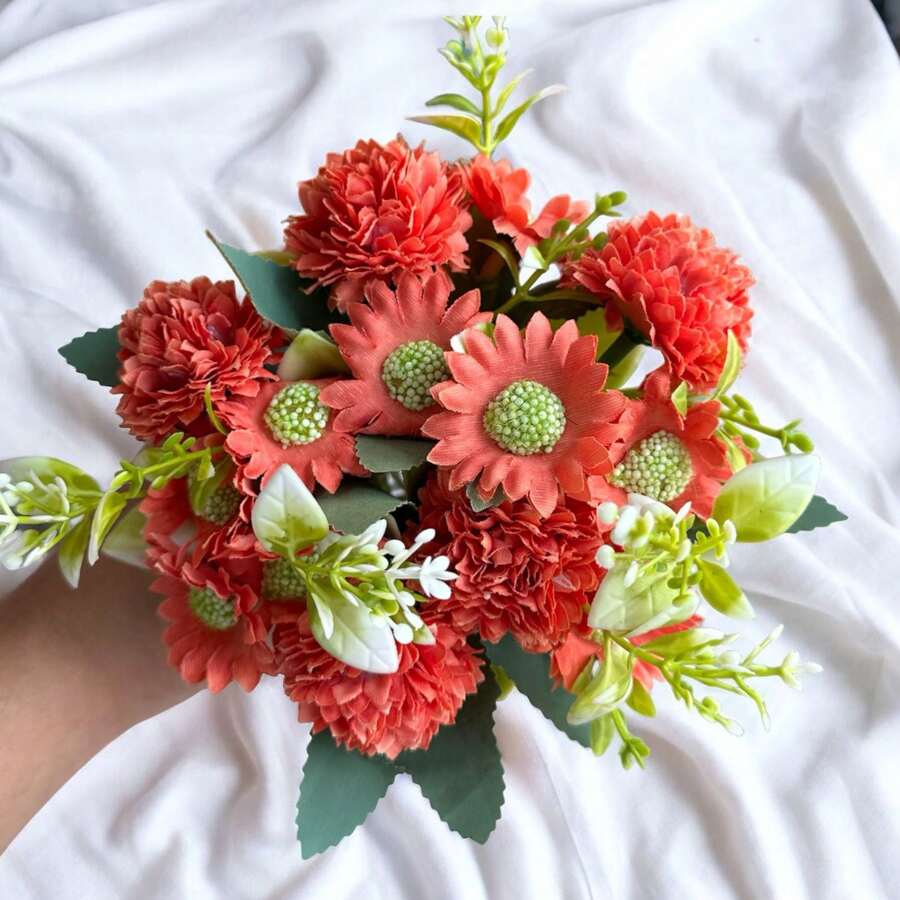 Carnation Bouquet With Artificial Daisy Decoration Arrangements - 橘色 - 查看 1
