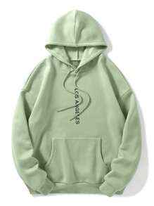 Capucha térmica con estampado de letra con bolsillo de canguro con cordón - Verde - Ver 1