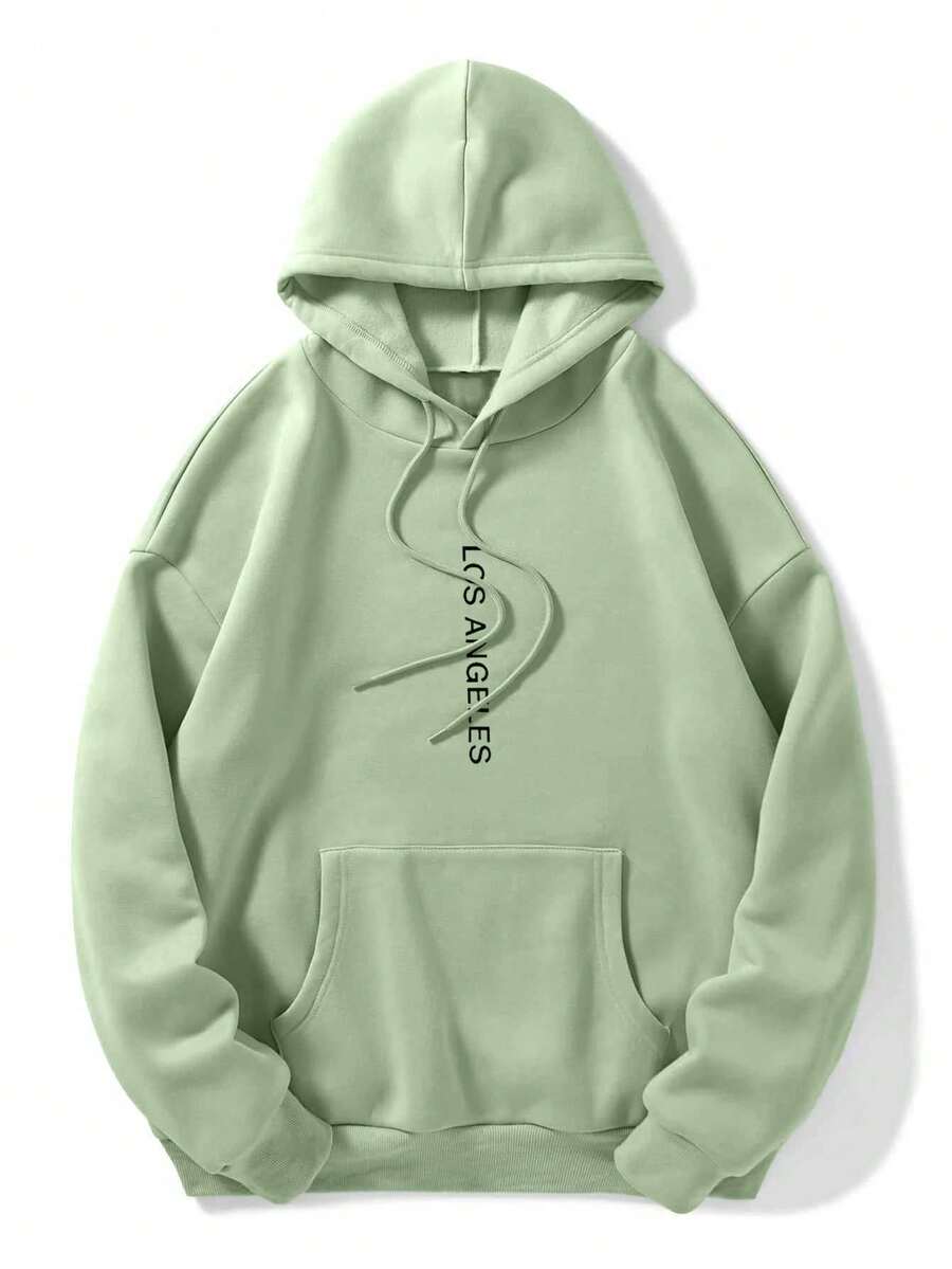 Capucha térmica con estampado de letra con bolsillo de canguro con cordón - Verde - Ver 1