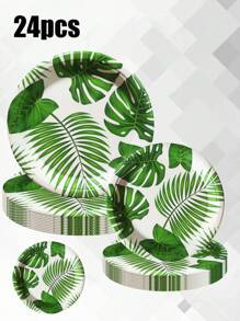 24 件套，无涂层纸盘，绿叶主题派对和生日用具套装，盘子，纸巾，纸杯，家居装饰，节日用品，参考生日派对、野餐、露营、派对、圣诞节、礼物、惊喜、母亲对孩子的爱、给孩子的礼物。主题盘子，一次性纸盘，100% 可堆肥盘子，绿色主题盘子 - 彩色 - 查看 5