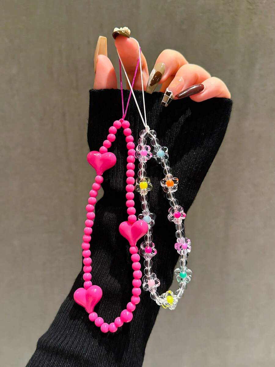 2 chiếc vòng tay hạt cườm hình trái tim và hoa màu hồng cánh sen, dây đeo quyến rũ dễ thương cho ốp điện thoại, tai nghe, phụ kiện tự làm, quà tặng thời trang cho phụ nữ cho mẹ, gia đình, bạn bè, sinh nhật, ngày lễ, dây đeo điện thoại, dây đeo điện thoại - Màu Hồng Tươi - Xem 1