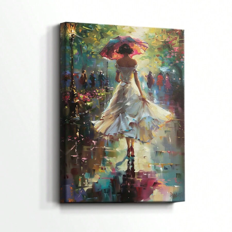 WOMEN-CCCXLIX -Premium Gallery Wrapped Canvas  - Ready To Hang 1pc Wooden Framed Wall Art, Beautiful Lady , Beautiful Woman Walking With Hints Of Pink And White Colors Wrapped Canvas Prints Poster, Hanging Hardware Included, Birthday Party Decor, Mother's Day New Year Easter Gift, Home Living Room Office Wall Decor, Perfect Gift And Home Decoration And Room Decor