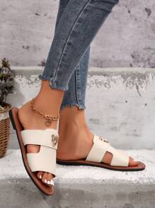 Sandalias deslizantes con decoración de metal de estampado de leopardo para mujer, planas de punta abierta, elegantes para la playa en verano - Beis - Ver 5