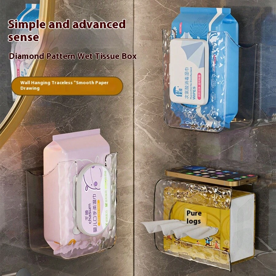 1pc Wall-Mounted Bathroom Transparent Storage Box, No Drilling Required For Toilet Paper, Wet Wipes Storage - Multicolor - View 1