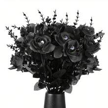 3 件装万圣节黑色人造玫瑰花带眼球假丝绸玫瑰花束适用于万圣节派对装饰家居婚礼装饰 - 彩色 - 查看 7