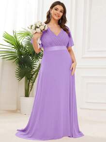 Plus Size Elegant V-Neck Ruched Bust Purple Bridesmaid Dress, Wedding Guest Formal Dress - Purple - View 5