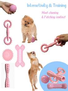 4 paquetes de juguetes para cachorros de 2 a 8 meses, juguetes para masticar de perros, limpieza de dientes de cachorros, dispensador de alimentos, hueso de goma suave, pelota divertida, rosquilla interactiva, mancuerna de premio para perros pequeños y medianos, color rosa