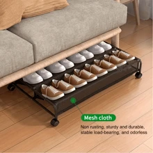 1 pieza Organizador de zapatos plegable debajo de la cama con red de malla y ruedas, caja de almacenamiento metálica multiusos para el lado de la cama - Negro - Ver 5