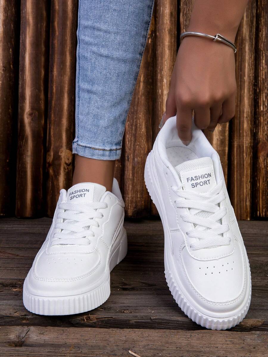 Fashion White Casual Women Sneakers, Lace Up Lightweight Platform