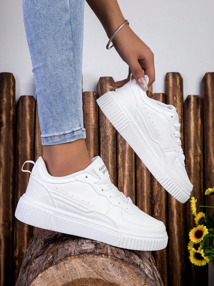 Fashion White Casual Women Sneakers, Lace Up Lightweight Platform