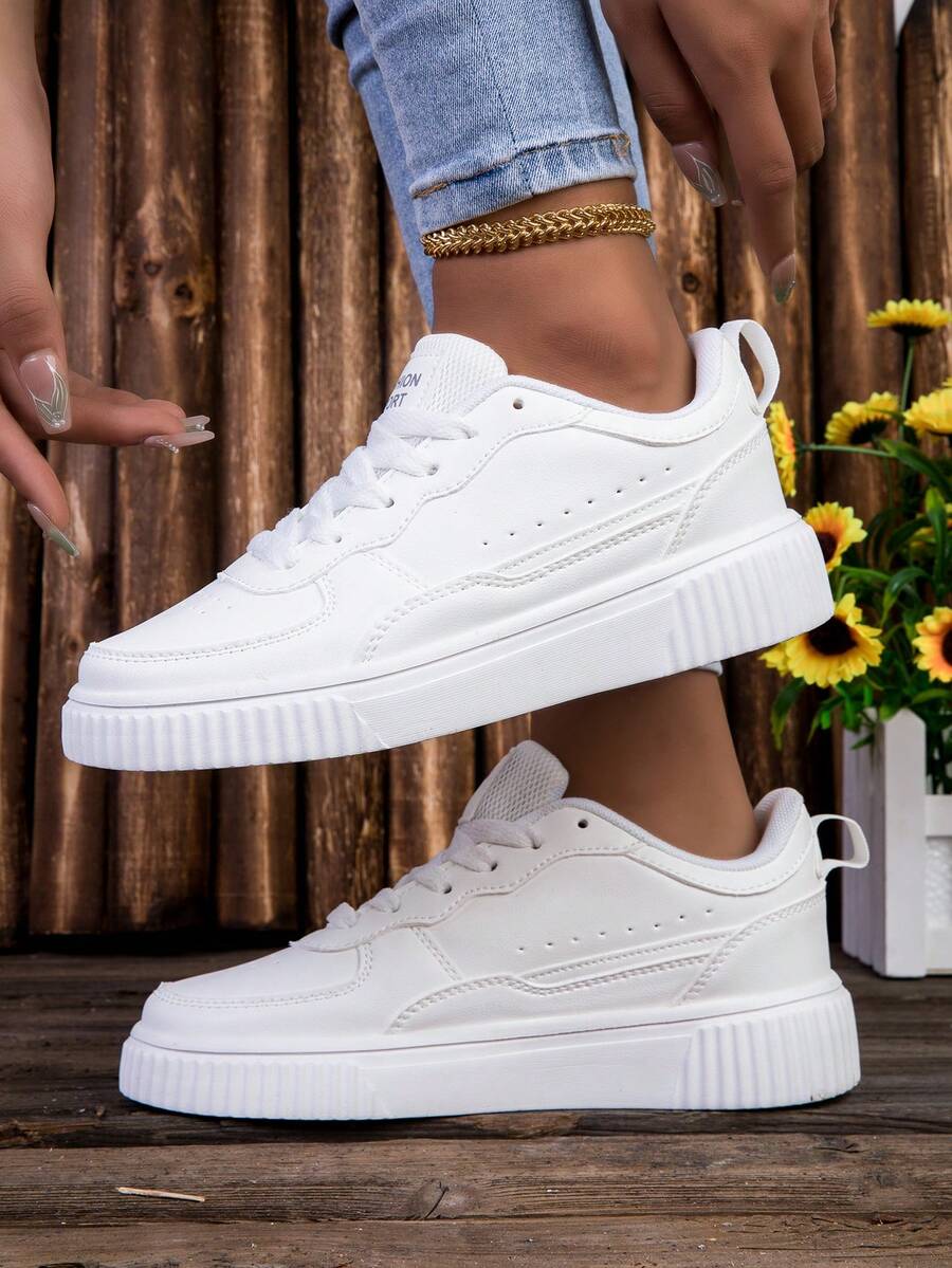 Fashion White Casual Women Sneakers, Lace Up Lightweight Platform