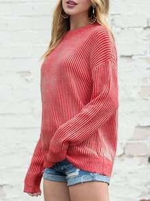 Women's Red Striped Print Ribbed Trim Round Neck Sweater