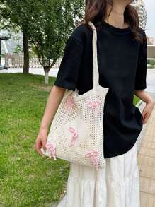 Tropiscape Y2k Bag Baby Pink Bows Pattern Knitted Handbag Foldable Hollow Out Design Crochet Bag Medium Vacation Beige Beach Travel Bag Large Capacity Knitted Hobo Handbag Winter Gifts - Beige - View 4