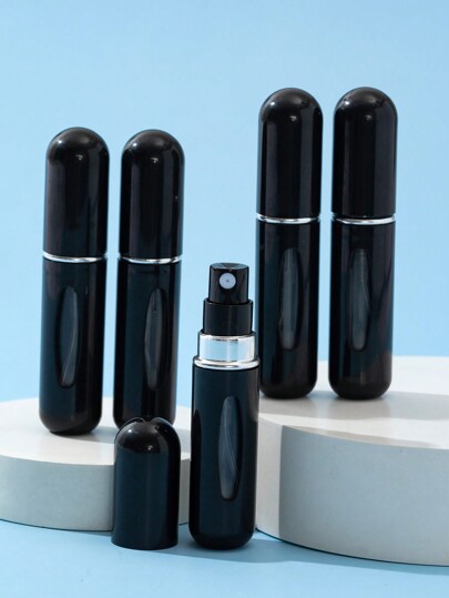 Set de 5 Atomizadores de perfume recargables en color negro, diseño de recarga por la base, tamaño de bolsillo para viaje, rociadores de colonia, botellas de subpaquete para dispensar, para viajes, vacaciones, sala de estar, hogar, dormitorio, baño, decoración, artículos de viaje, bodas, fiestas, cumpleaños, regalos para hombres, mamá, papá, amigos, Año Nuevo, accesorios, regalo divertido