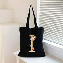 Sacola de Lona Preta Personalizada com Estampa Floral Dourada de Letra A-Z, Sacola de Compras da Moda, Bolsa de Uso Diário, Presente de Aniversário para Mulheres, Presente para Namorada, Lembrança Personalizada de Dama de Honra