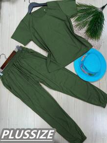 Plussize Women's Suede Set Short Sleeve Blouse Jogger Pants With Pocket Beautiful Stretch Fabric - 軍綠色 - 查看 1
