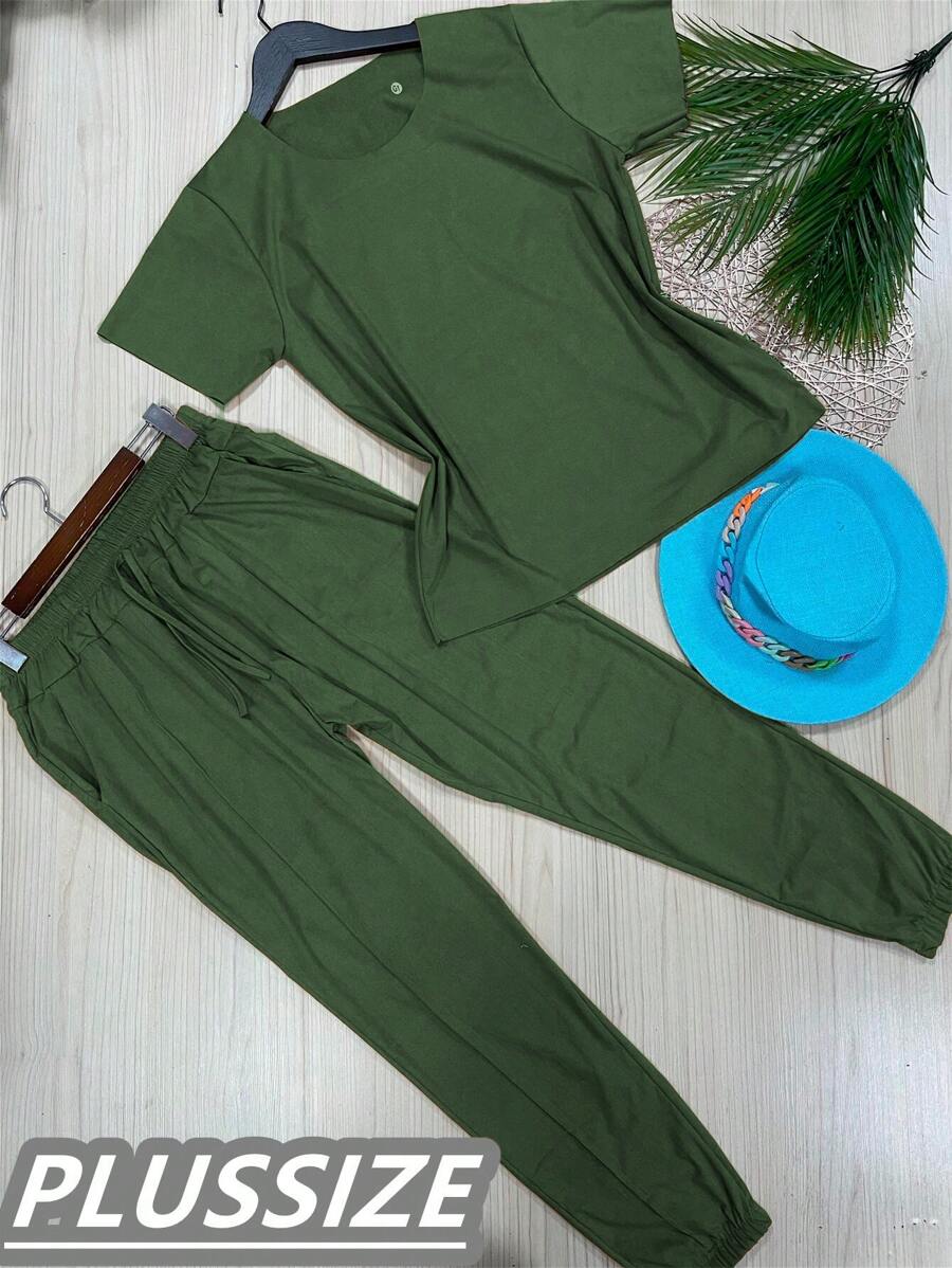 Plussize Women's Suede Set Short Sleeve Blouse Jogger Pants With Pocket Beautiful Stretch Fabric - 軍綠色 - 查看 1