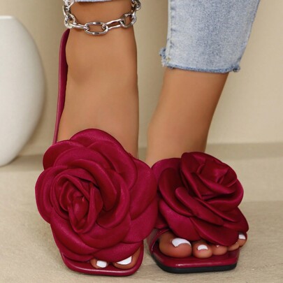 Women's Floral Slip-On Sandals, Fashionable Strap Flat Slides For Summer Valentines