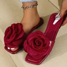 Women's Floral Slip-On Sandals, Fashionable Strap Flat Slides For Summer Valentines - Burgundy - View 3