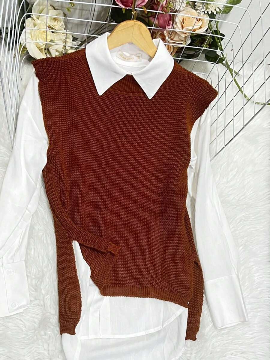 Fashion Modal Long Knit Vest New 2024 - 卡其色 - 查看 1
