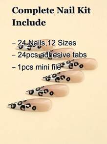 24 件尖头豹纹假指甲，含 1 个指甲锉和 1 片果冻指甲胶，可贴在指甲上，美甲用品，美甲