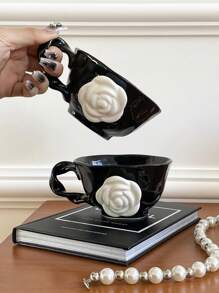 1pc 350ml High-End Camellia Ceramic Mug, Exquisite Design Tea Cup For Afternoon Tea Or Coffee, Gift Or Souvenir Back To School