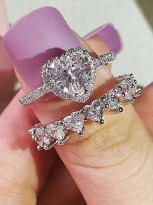 两件套经典立方氧化锆戒指套装，女士结婚订婚周年纪念派对珠宝，情人节礼物，送给妈妈的礼物，母亲节礼物