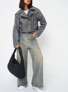 Women Faux Leather Distressed Effect Jacket Lapel Zipper Biker Short Coat - Grey - View 5