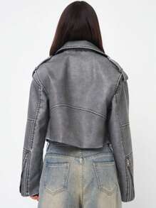 Women Faux Leather Distressed Effect Jacket Lapel Zipper Biker Short Coat - Grey - View 8