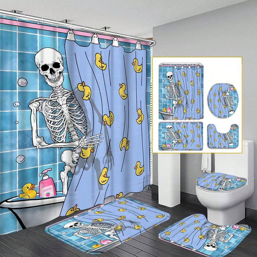 1 Máy Tính Halloween Đầu Lâu Phòng Tắm Rèm Tắm Hoặc Thảm, Đơn Giản In Họa Tiết Chống Nước Màn Tắm Bộ 12 Móc - Nhiều màu - Xem 1