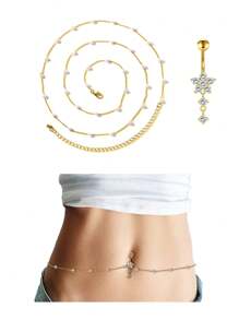 AVYRING 1 set Anneau de nombril multi-couches en  pour la plage d'été avec chaîne de taille, boucle de nombril en strass bikini, pendentif de piercing de nombril, chaîne de taille sexy, bijoux de corps pour femmes