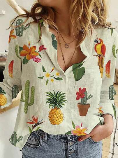 قميص للنساء بطبعة طائر ببغاء، أناناس، صبار وريش، أكمام طويلة تصميم أحادي الصدر