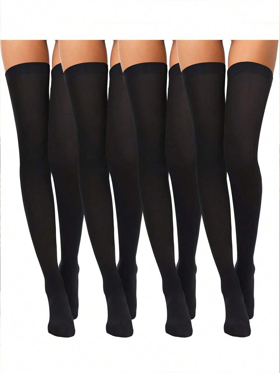 4 đôi tất dài đến đầu gối bằng nylon co giãn, màu trơn, dệt kim mỏng dành cho nữ, phụ kiện quần bó hóa trang Halloween, ấm áp - màu đen - Xem 1