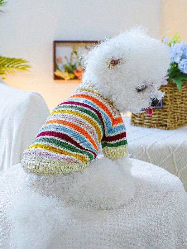 1 pieza Ropa de mascota, suéter suave y cómodo con estampado de corazón arcoíris para perros y gatos, Día de San Valentín