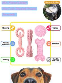 4 paquetes de juguetes para cachorros de 2 a 8 meses, juguetes para masticar de perros, limpieza de dientes de cachorros, dispensador de alimentos, hueso de goma suave, pelota divertida, rosquilla interactiva, mancuerna de premio para perros pequeños y medianos, color rosa