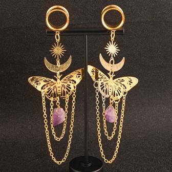 2pcs New Butterfly-Pendant Stainless Steel Chains Dangle Ear Plugs Tunnels Ear Gauges Stretcher Piercing Body Jewelry