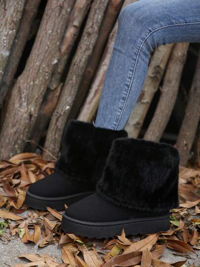 Women's Fashion Plus Size Thick-Soled Snowboots With Plush Lining, Slip-Resistant And Warm, Fur-Trimmed Slip-On Short Ankle Boots