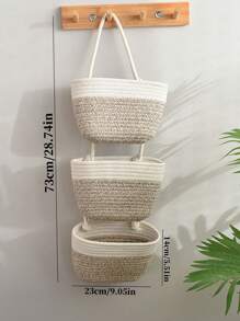 1pc 3-Tier Rope Woven Hanging Storage Baskets - Detachable Decorative Organizers For Living Room, Bathroom, And Bedroom, Over The Door Hanging Basket With Multiple Storage Compartments