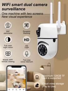 Wireless WiFi Surveillance Camera With Dual Cameras And Dual Views, Full-Color Night Vision And Two-Way Audio, 355 Degree High-Definition Monitoring Camera With Automatic Person Tracking, Remote Safety Monitoring WiFi Camera, Mobile App And Remote Control For  Monitoring, Suitable For Indoor Office, Warehouse, Company And Home Use - White - View 1