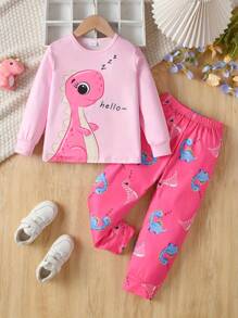 2 piezas/Set Pijama informal con estampado de dinosaurio rosa lindo 2024 para niñas, ropa de estar en casa para niños - Rosa - Ver 1