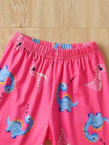 2 piezas/Set Pijama informal con estampado de dinosaurio rosa lindo 2024 para niñas, ropa de estar en casa para niños - Rosa - Ver 4