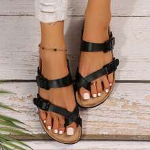 Women's Flip-Flop Slippers On Beach Slide Slipper Cork With Adjustable Metal Buckle Strap Footbed Sandals Slip Shoes - 全黑色 - 查看 8