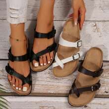 Women's Flip-Flop Slippers On Beach Slide Slipper Cork With Adjustable Metal Buckle Strap Footbed Sandals Slip Shoes - 全黑色 - 查看 7