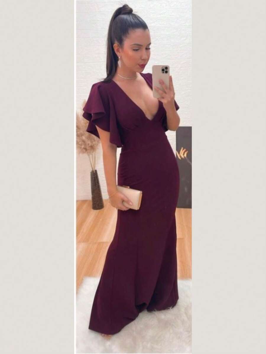 Long Crepe Dress With Ruffles On The Sleeve Solid Color Formal Fashion Women's Prom - 酒紅色 - 查看 1